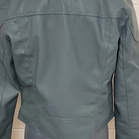 Blue Faux Leather Bomber Moto Jacket Small Silver Hardware - Picture 3 of 11